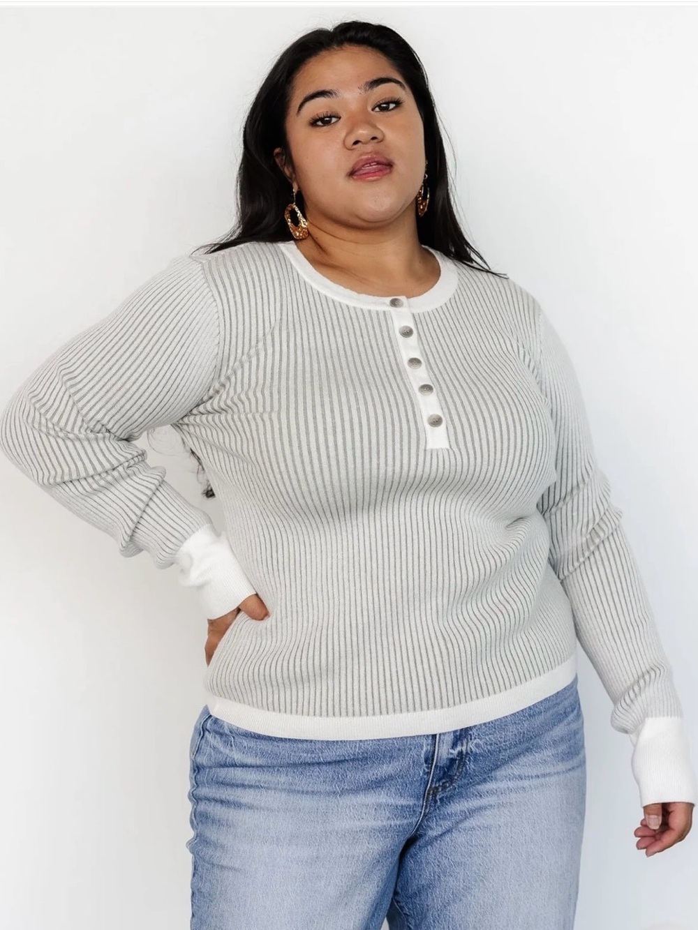 Baltic Born Stevie Ribbed Henley Button Sweater Grey Size 1X NWT Casual Weekend